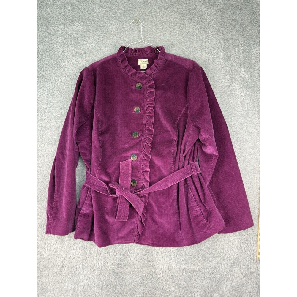 L.L.Bean Women 22W Corduroy Ruffle Jacket Purple Magenta Belted Peplum Blazer